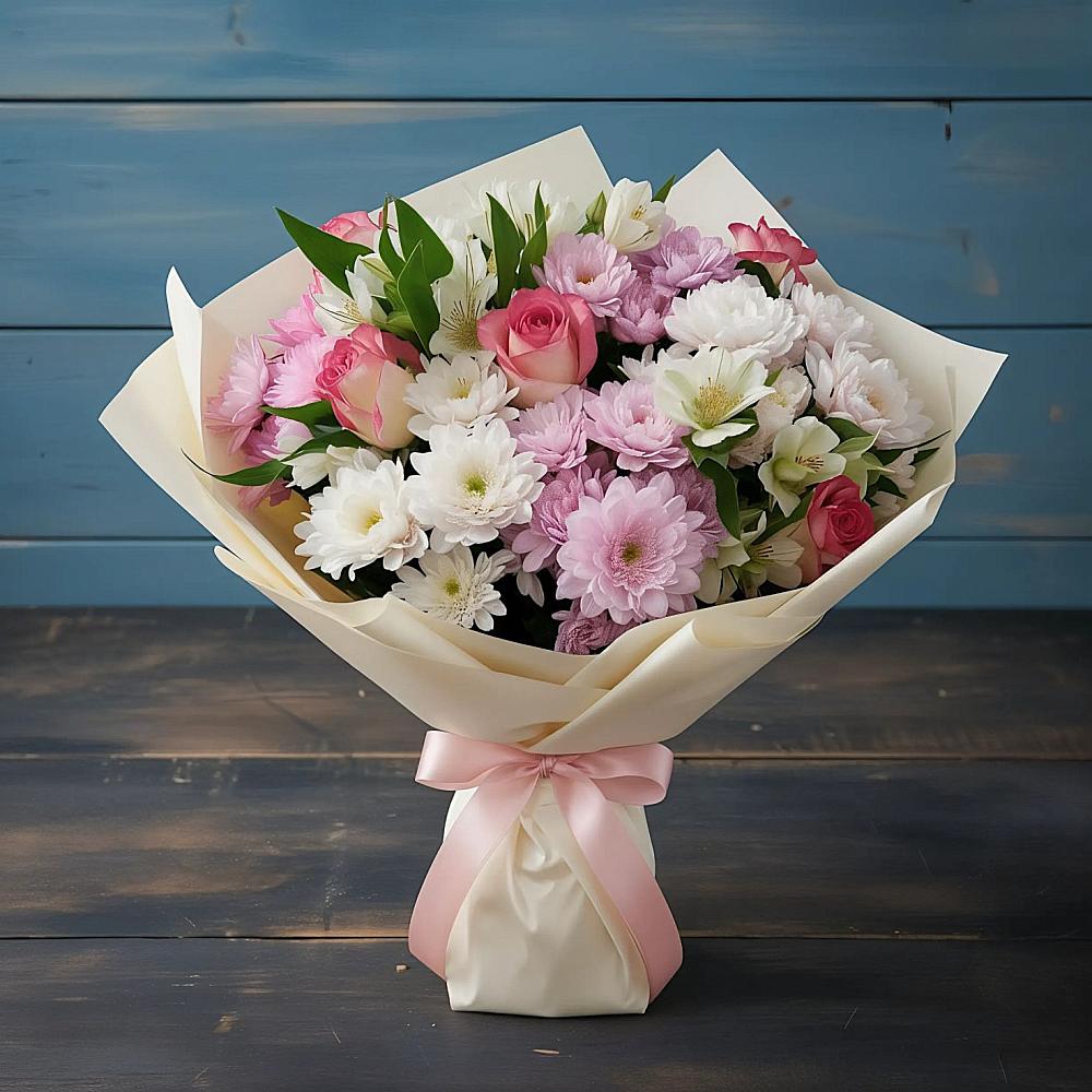 Букет цветов из: Хризантемы, Альстромерии и Розы в Нежинском